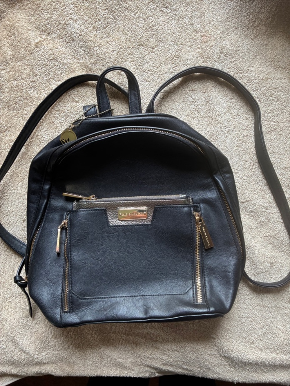 Big Buddha Black Faux Leather Backpack with Gold Accents
